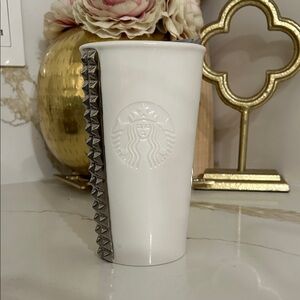 Starbucks 2014 White Ceramic Silver Studded Travel Tumbler Coffee Mug 10oz NEW